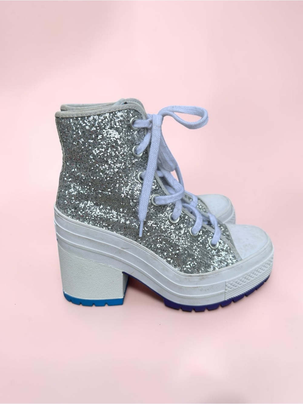 Converse Chuck 70 De Luxe Heel Disco Glam Silver Glitter Pride Chunky women sz 5 - Picture 4 of 13